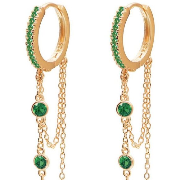 Gabi Rielle Jewelry - GABI RIELLE 14K Gold-Plated Sterling Emerald Crystal Dangle Pave Huggie Earrings